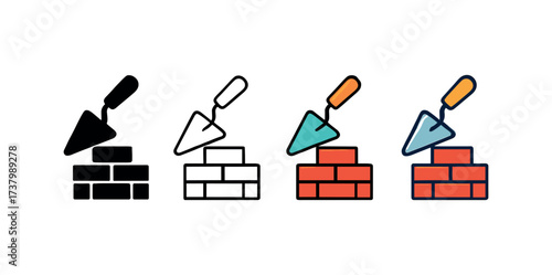 Vector icon bricklaying trowel four styles black solid glyph outline minimal flat multicolor filled cartoon flat shaded.