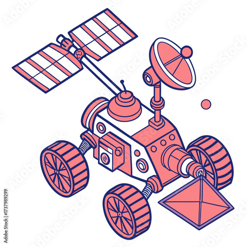Pink and blue isometric space rover with solar panels