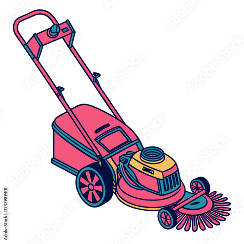 Pink and teal lawn mower with yellow accents gardening
