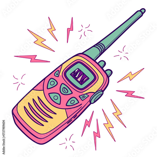 Pink yellow and teal walkie talkie with lightning bolts