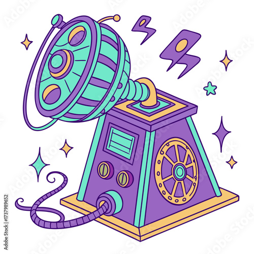 Purple and teal fantasy teleportation machine with yellow accents
