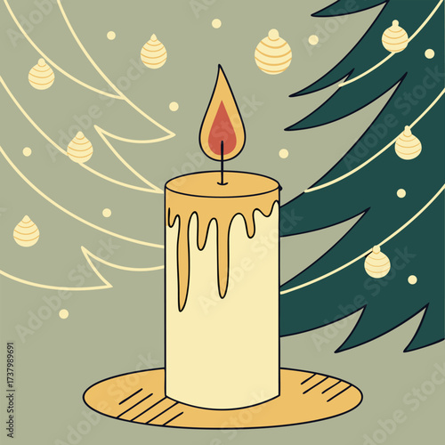Lit candle stands before abstract Christmas trees decorated with striped ornaments