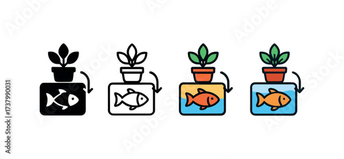 Vector icon aquaponics tank four styles black solid glyph outline minimal flat multicolor filled cartoon flat shaded.