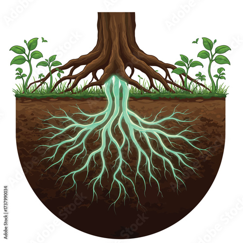 Illustration of a tree with a glowing turquoise root system visible in a cross-section of soil, symbolizing life and nourishment.