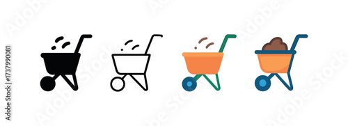 Vector icon compost spreader four styles black solid glyph outline minimal flat multicolor filled cartoon flat shaded.