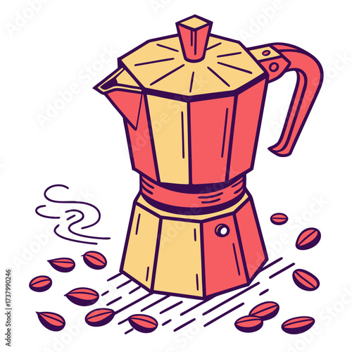 Red and yellow coffee maker with beans and steam moka pot