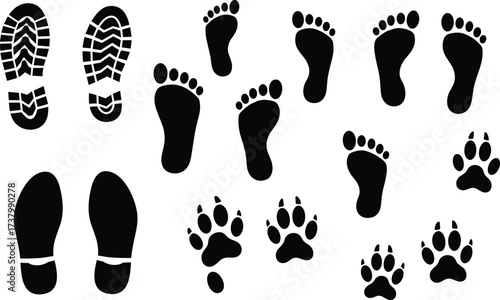 Silhouette footprints and paw prints collection including boots, shoes, bare feet, animal tracks, vector icons for tracking and design