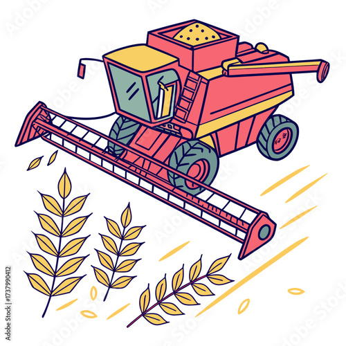 Red and yellow combine harvester with wheat stalks