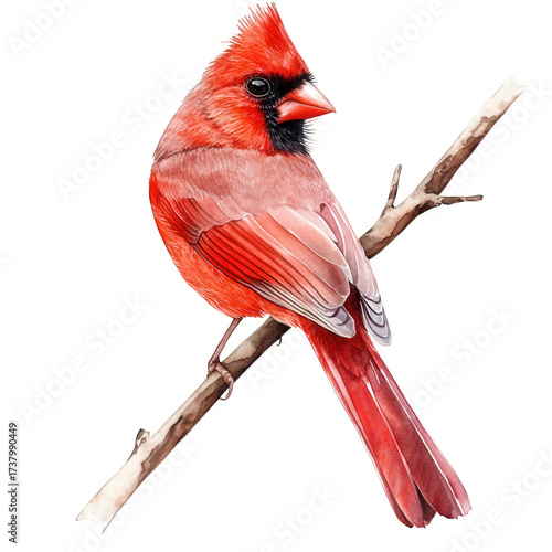 Watercolor painting of a male northern cardinal perched on a branch isolated on transparent background, showcasing its vibrant red plumage and distinctive crest