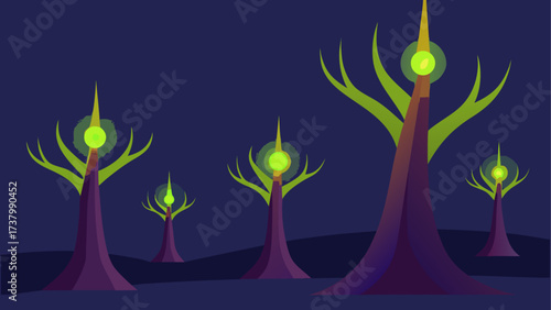 Glowing orbs on alien trees at night time