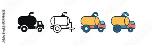 Vector icon slurry tanker four styles black solid glyph outline minimal flat multicolor filled cartoon flat shaded.