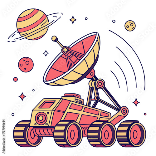 Red and yellow space rover with satellite dish and planets