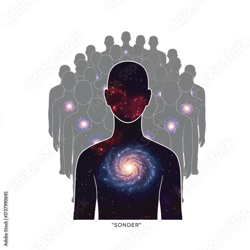 Conceptual illustration of sonder, with a human silhouette filled with a galaxy, representing a complex inner universe among a crowd.