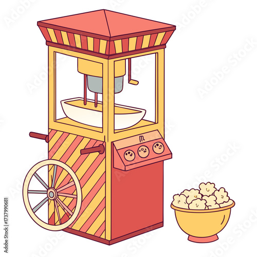 Red and yellow striped popcorn machine with bowl of popcorn