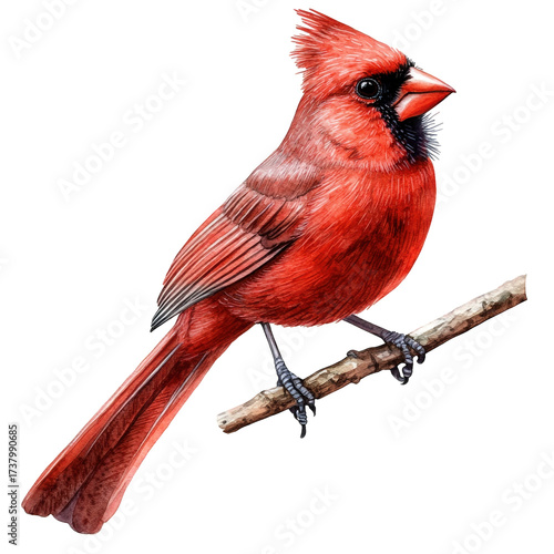 Detailed watercolor painting of a male northern cardinal perched on a branch isolated on transparent background, displaying its vivid red color and strong beak