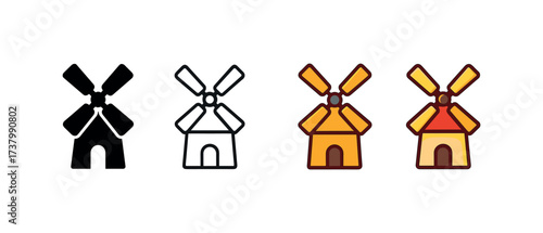 Vector icon flour mill four styles black solid glyph outline minimal flat multicolor filled cartoon flat shaded.