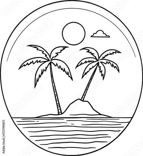 Tropical Island Silhouette Vector Featuring Palm Trees, Sun, Cloud, and Ocean Waves in Circular Frame Line Art Style