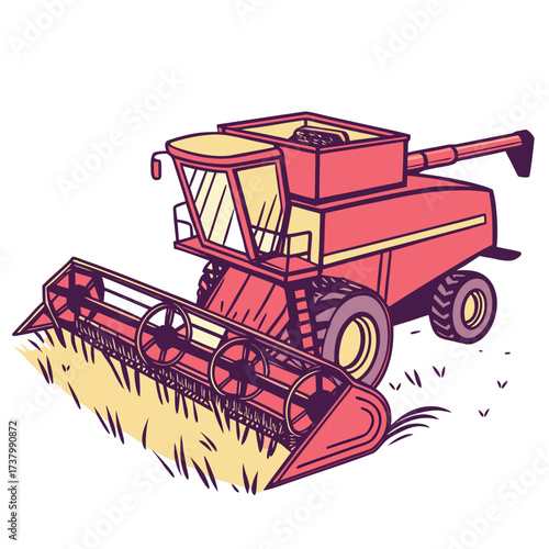 Red combine harvester cutting yellow crop agriculture