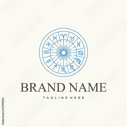 Elegant blue line art logo of a zodiac wheel with astrological signs and a central sunburst on a cream background.