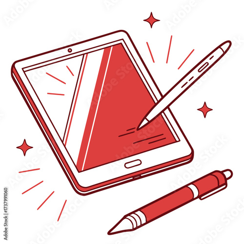 Red tablet and stylus pen illustration digital pen