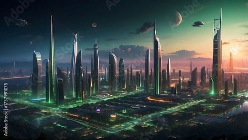 Futuristic City Skyline with Neon Towers