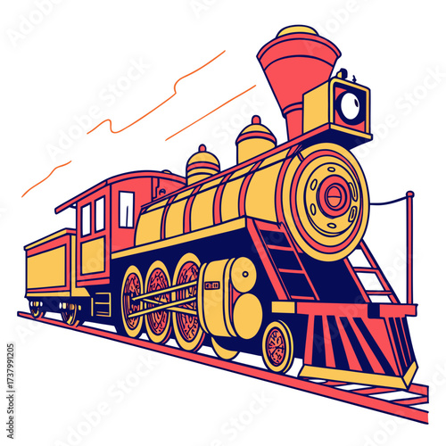 Red yellow and blue cartoon train engine on tracks