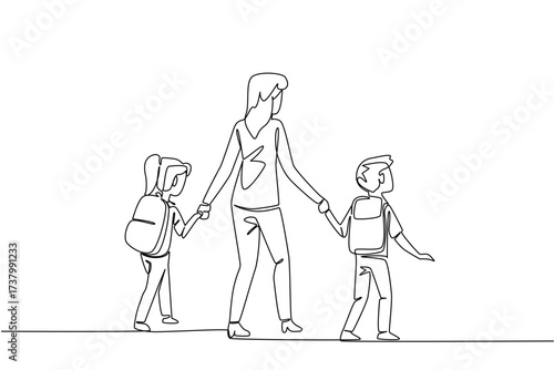 Single continuous line drawing rear view, a mother holds her son and daughter on her right and left. Walk happily together to school. Walk Safely To School Day. One line design vector illustration