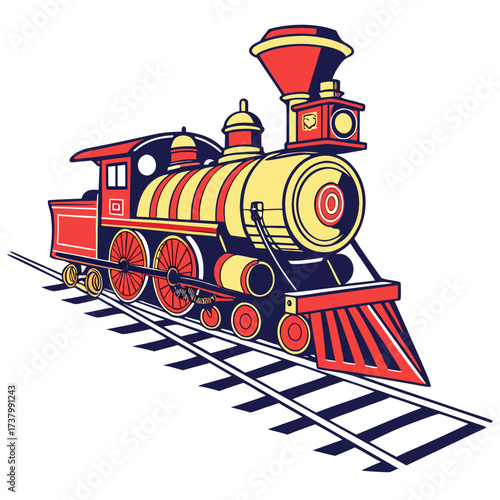 Red yellow and blue steam train on tracks steam engine