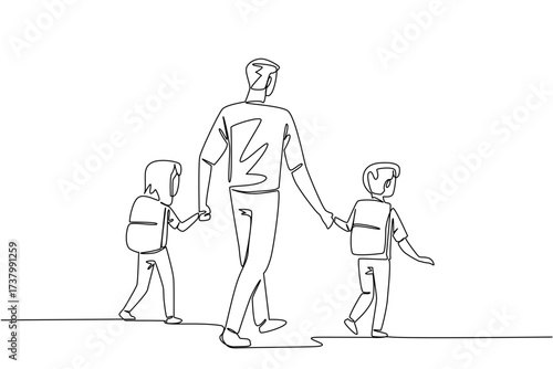 Continuous one line drawing rear view, a father holds son and daughter on his right and left. Walk leisurely to the school gate. Walk Safely To School Day. Single line draw design vector illustration