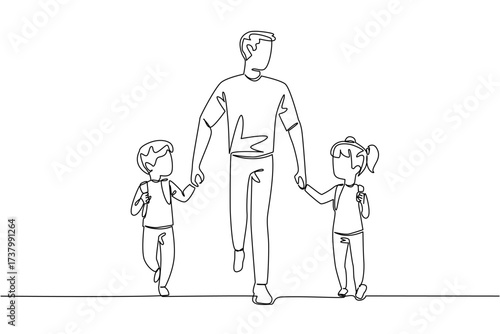 Single continuous line drawing a father holds his son and daughter on his right and left. The figure of a modern father. Responsible. Walk Safely To School Day. One line design vector illustration