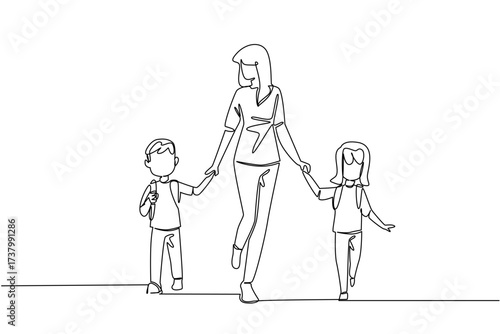 Single one line drawing a mother holding her son and daughter on her left and right. A morning routine of mother. Cheerfulness. Walk Safely To School Day. Continuous line design graphic illustration