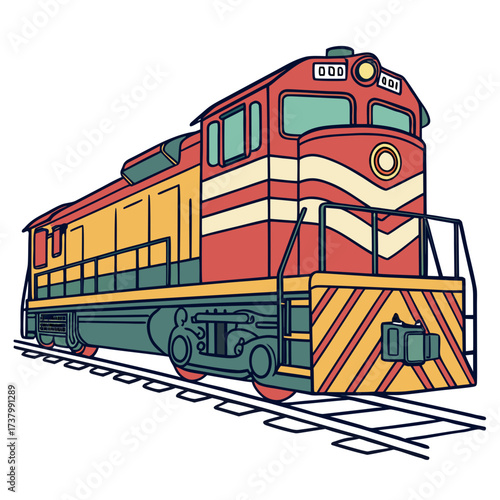 Red yellow and teal diesel train engine locomotive