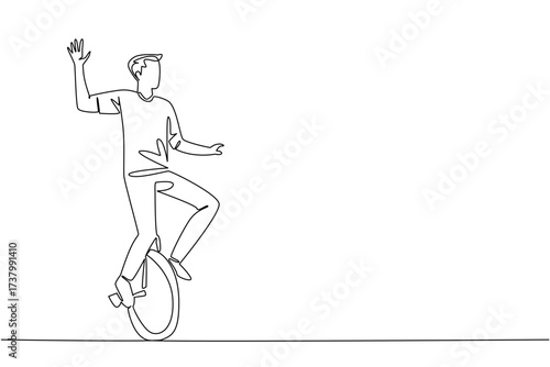 Single one line drawing man riding unicycle waving his hand. Greet the audience with a wave. Reckless show without safety equipment. Ride a Unicycle Day. Continuous line design graphic illustration