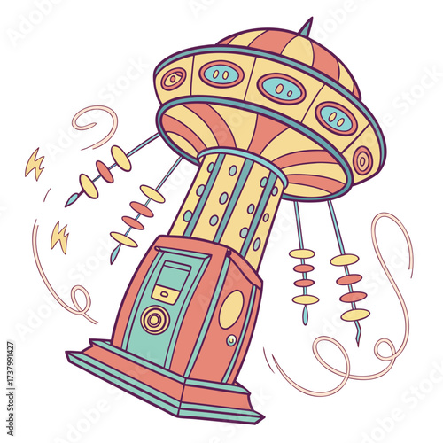 Retro amusement ride with colorful seats and swirling lines