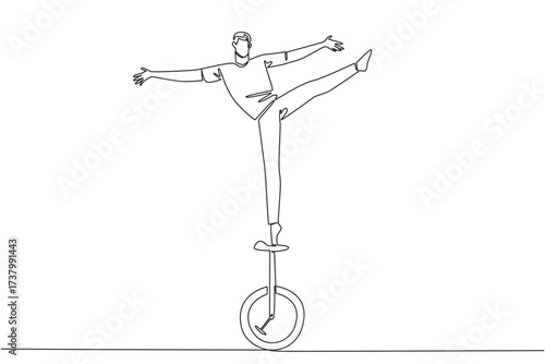 Single continuous line drawing a man in casual clothes standing on one leg on the seat of a unicycle. A show of skill and courage. Balance. Ride a Unicycle Day. One line design vector illustration