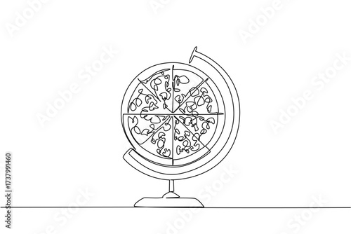 Single one line drawing globe whose center has been replaced with a pizza. Order pizza on special days. Gathering full of joy. National Pizza Party Day. Continuous line design graphic illustration