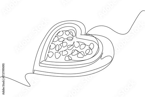 Continuous one line drawing heart shaped pizza on a heart shaped tray. Eating a pizza with full of romance. Failed diet. Exciting. National Pizza Party Day. Single line draw design vector illustration