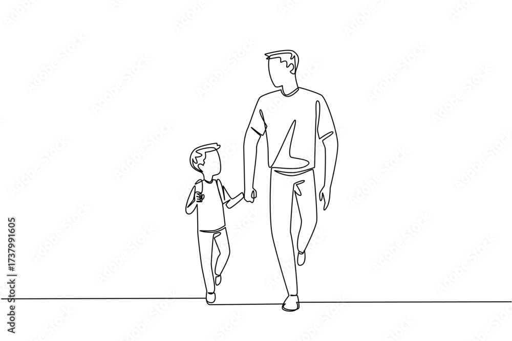 Fototapeta premium Single continuous line drawing little boy carrying backpack walking hand in hand with his father. Fun with Dad. Experiences. Responsible. Walk Safely To School Day. One line design vector illustration