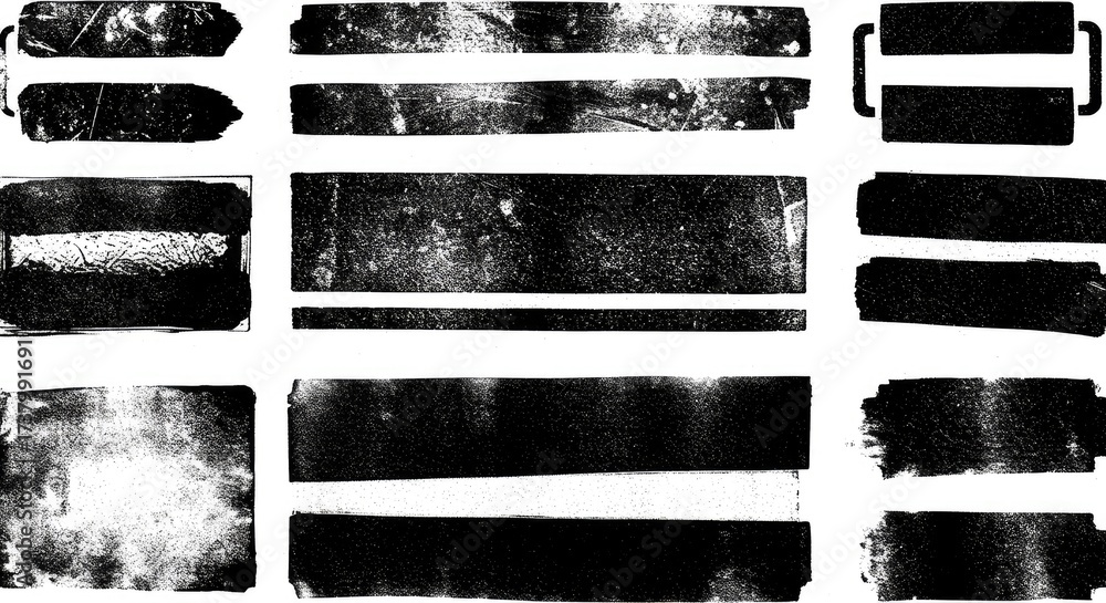 Obraz premium Black linocut stamp textures on an acid white background. Handmade ink roller set with rough edges and aged effects, creating grunge urban backdrops and distressed street art overlays. 