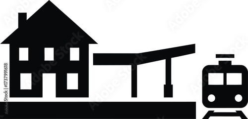 Simple silhouette of a train station with a train