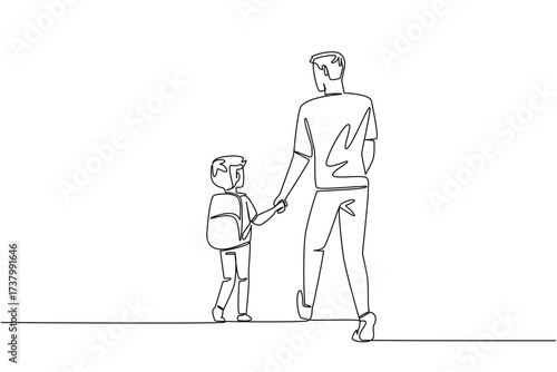 Single one line drawing a boy carrying a backpack walking hand in hand with his father. Teaching responsibility to his son. Walk Safely To School Day. Continuous line design graphic illustration