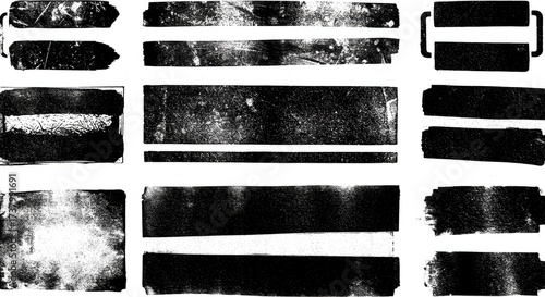 Black linocut stamp textures on an acid white background. Handmade ink roller set with rough edges and aged effects, creating grunge urban backdrops and distressed street art overlays.
