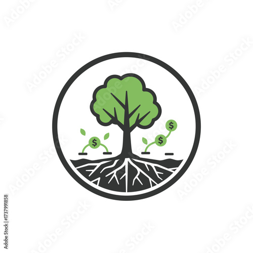 A circular logo illustrating financial growth with a tree, roots, and money sprouts with dollar signs.