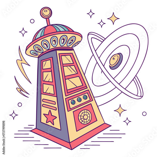 Retro fantasy teleportation tower with rings and stars
