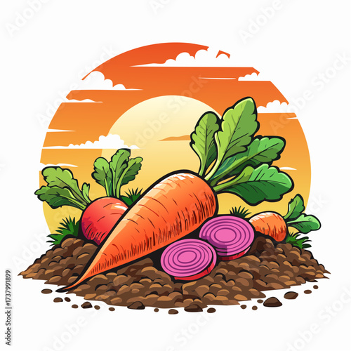 Freshly harvested carrots and radishes lying on rich soil at sunset in a field