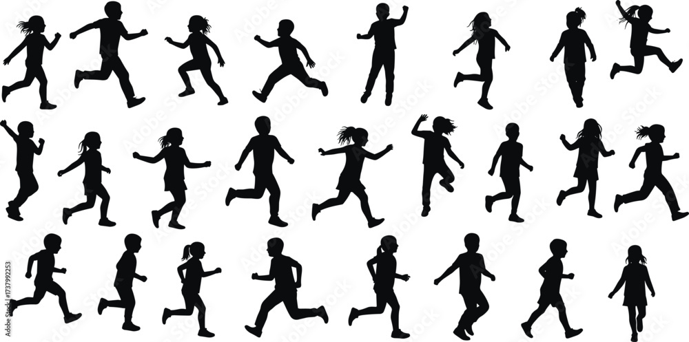 Naklejka premium Silhouette of children running in various poses — dynamic motion, physical activity, sports movement, and energetic childhood vector illustration.