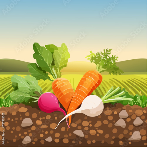 Freshly harvested carrots and radishes lying on rich soil at sunset in a field