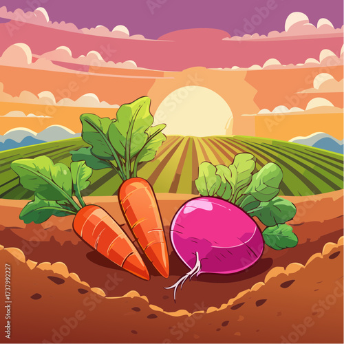 Freshly harvested carrots and radishes lying on rich soil at sunset in a field