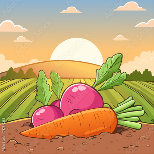 Freshly harvested carrots and radishes lying on rich soil at sunset in a field
