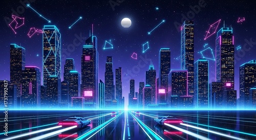 Neon horizon city nightscape with futuristic cars under a starry sky and grid road